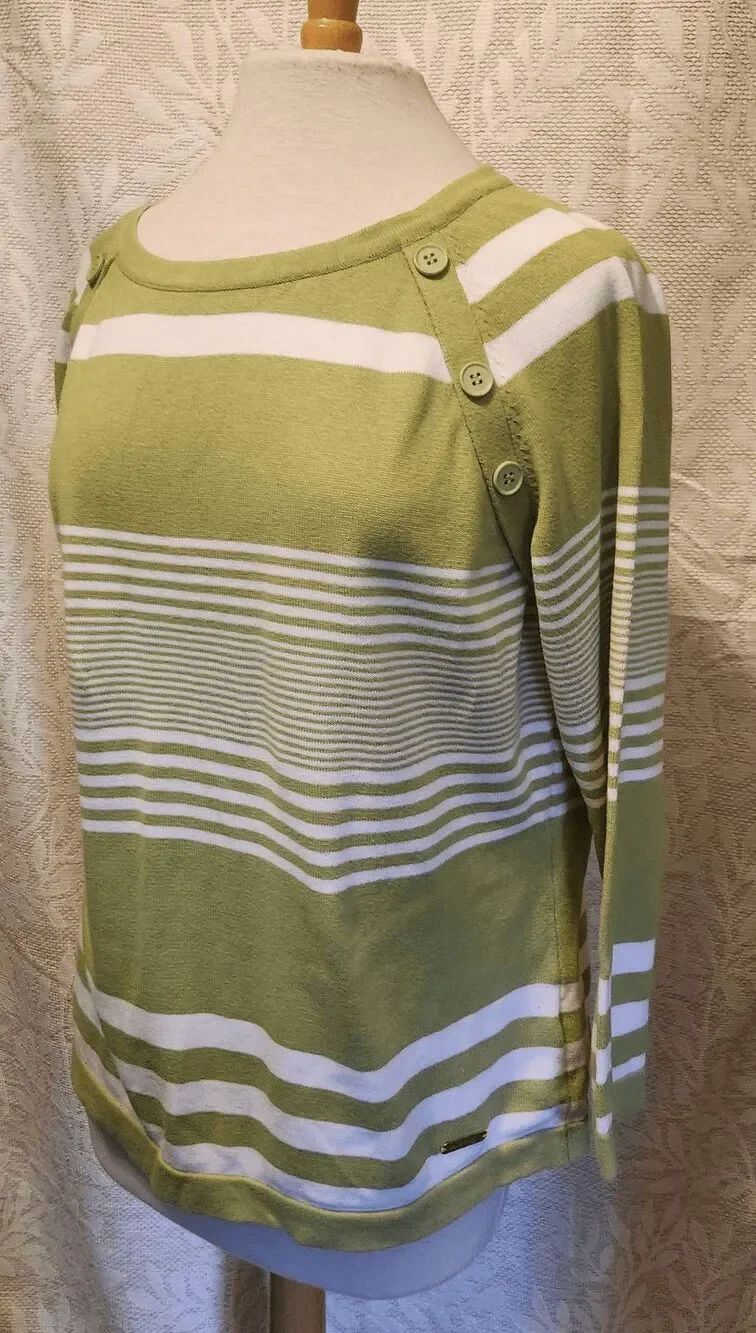 F07 Collection L green & white striped sweater with button accents long sleeves